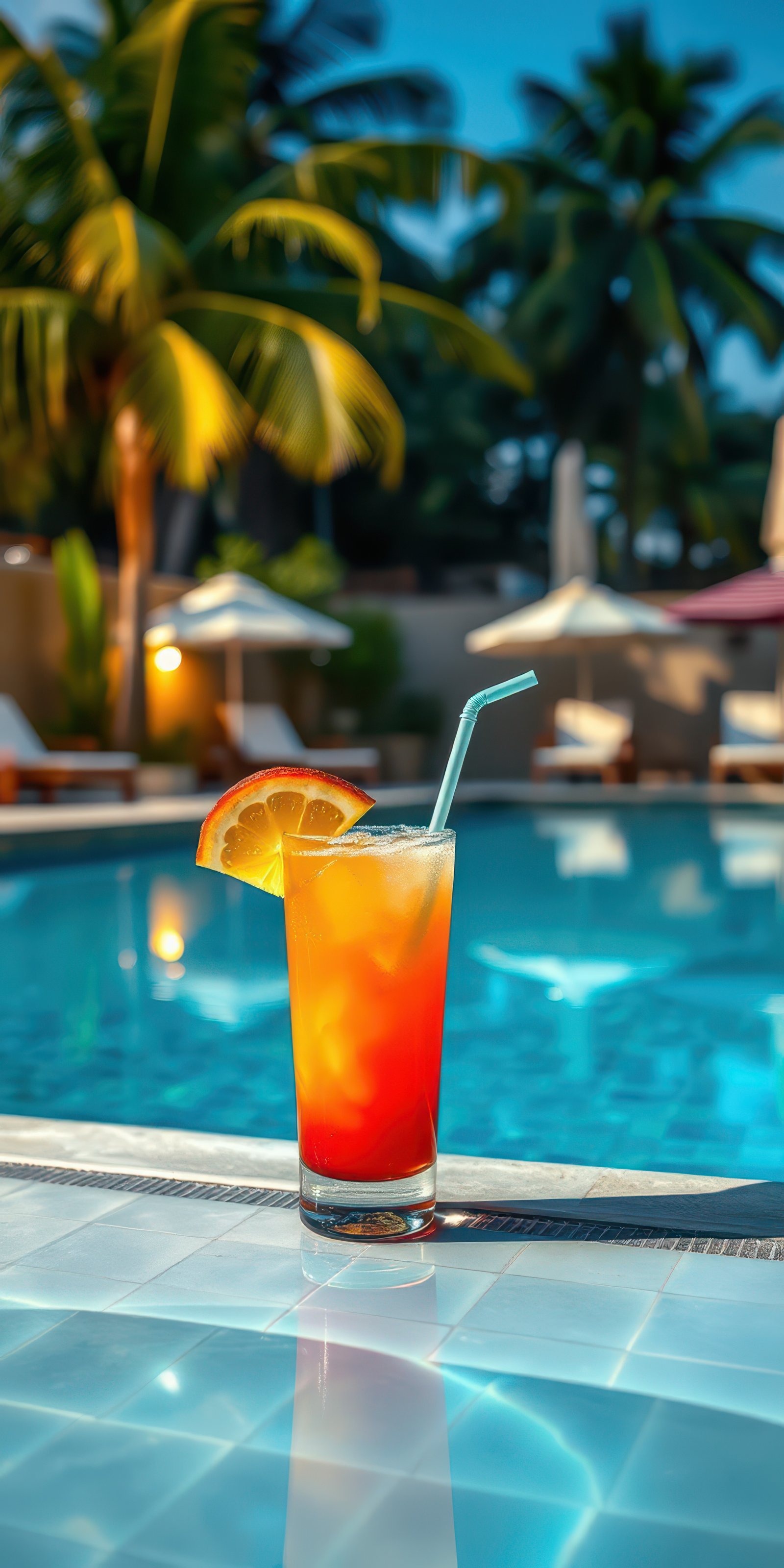 Refreshing tropical drink beside a serene pool surrounded by palm trees during a sunny afternoon